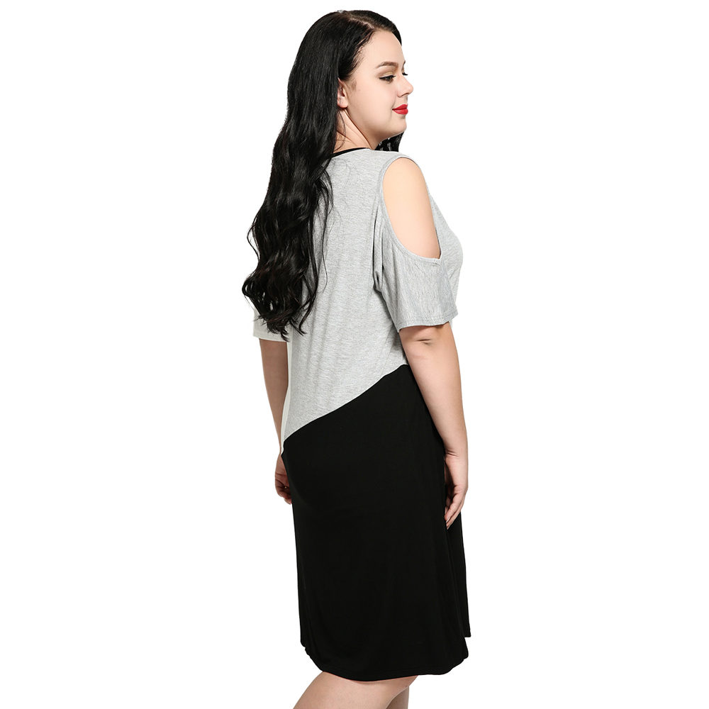 New Plus Size Women Fashion Geometric Hit Color Spliced Off-the-shoulder Short Sleeve Casual Dress