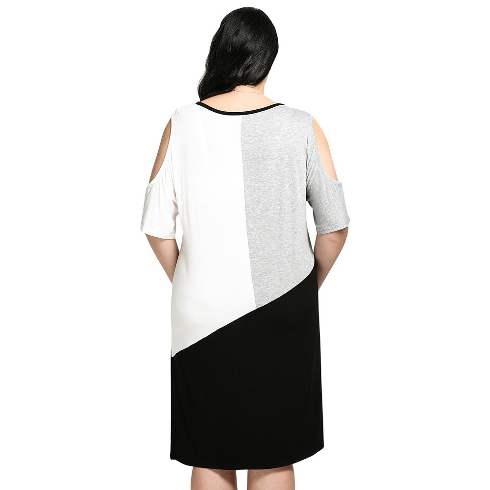 New Plus Size Women Fashion Geometric Hit Color Spliced Off-the-shoulder Short Sleeve Casual Dress