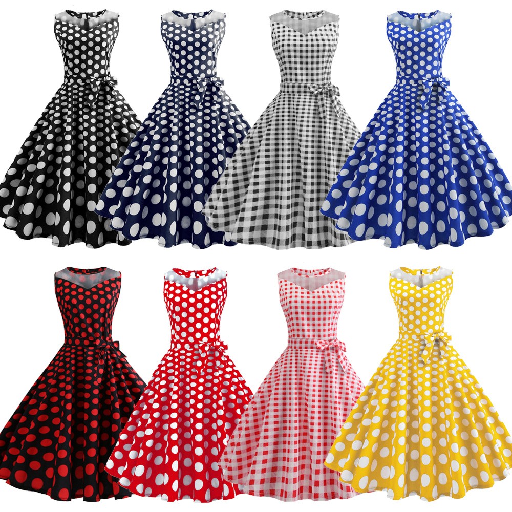 Hepburn Vintage Series Women Dress Spring And Summer Grenadine Stitching Dot Design Sleeveless Belt Retro Corset Dress