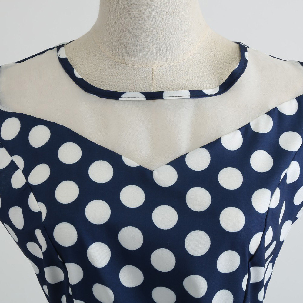 Hepburn Vintage Series Women Dress Spring And Summer Grenadine Stitching Dot Design Sleeveless Belt Retro Corset Dress