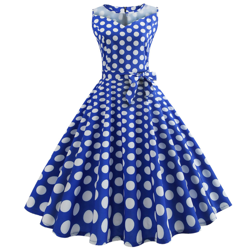 Hepburn Vintage Series Women Dress Spring And Summer Grenadine Stitching Dot Design Sleeveless Belt Retro Corset Dress