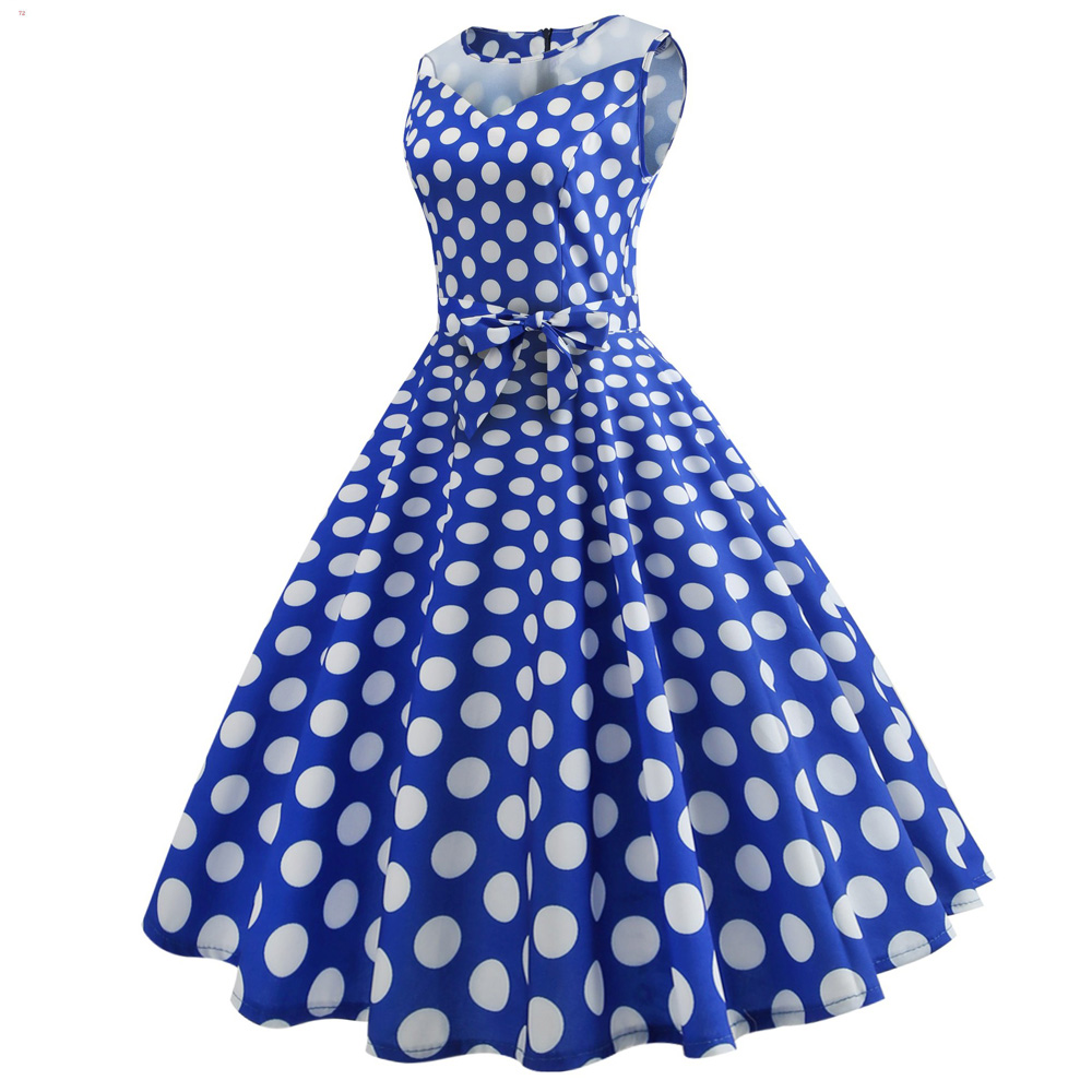 Hepburn Vintage Series Women Dress Spring And Summer Grenadine Stitching Dot Design Sleeveless Belt Retro Corset Dress