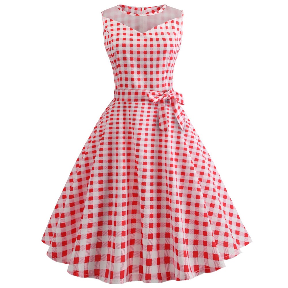 Hepburn Vintage Series Women Dress Spring And Summer Grenadine Stitching Dot Design Sleeveless Belt Retro Corset Dress