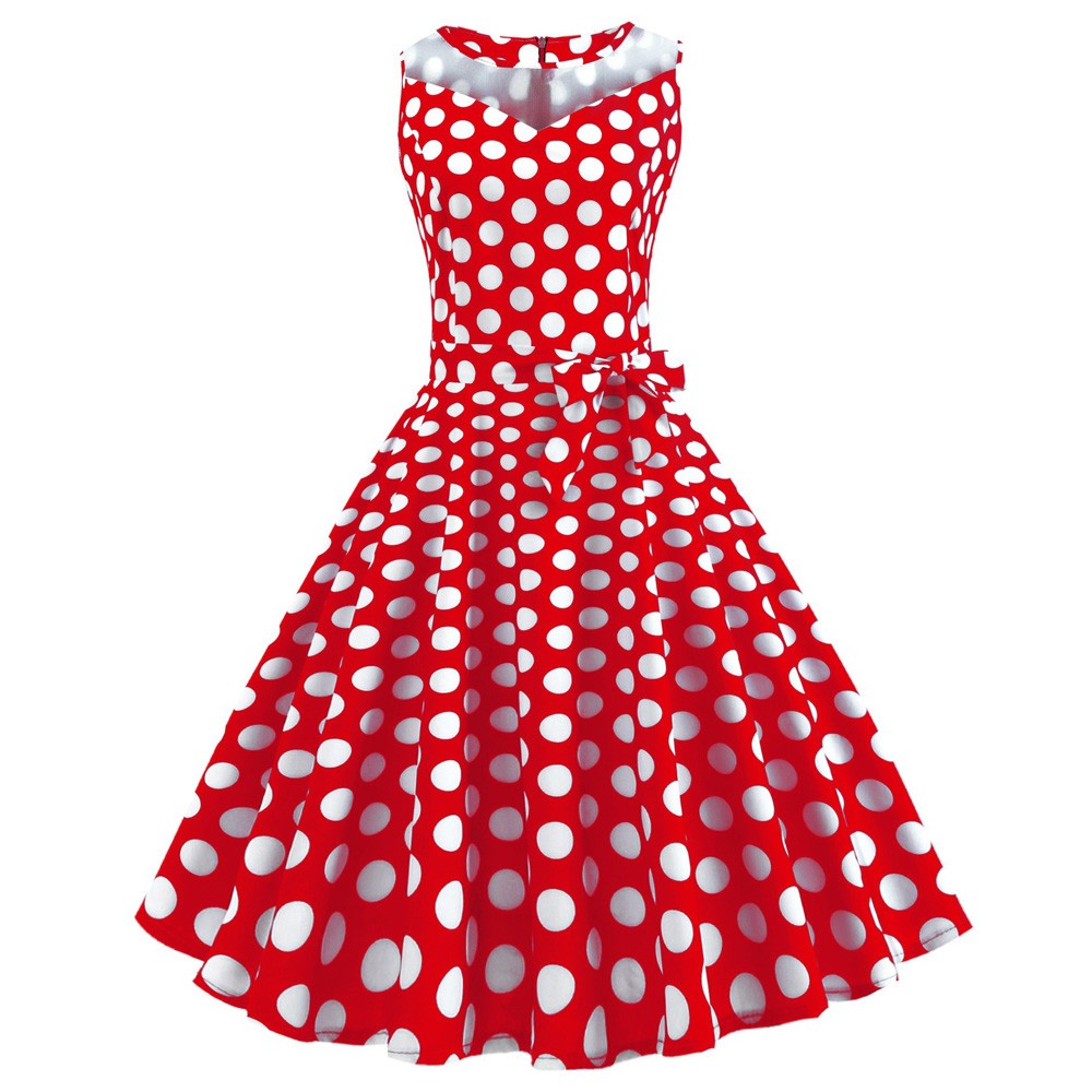 Hepburn Vintage Series Women Dress Spring And Summer Grenadine Stitching Dot Design Sleeveless Belt Retro Corset Dress