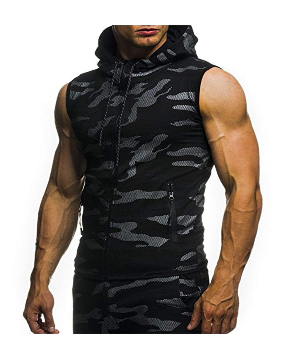 2018 New Camouflage Digital Printing Zipper Casual Slim Sleeveless Hoodie