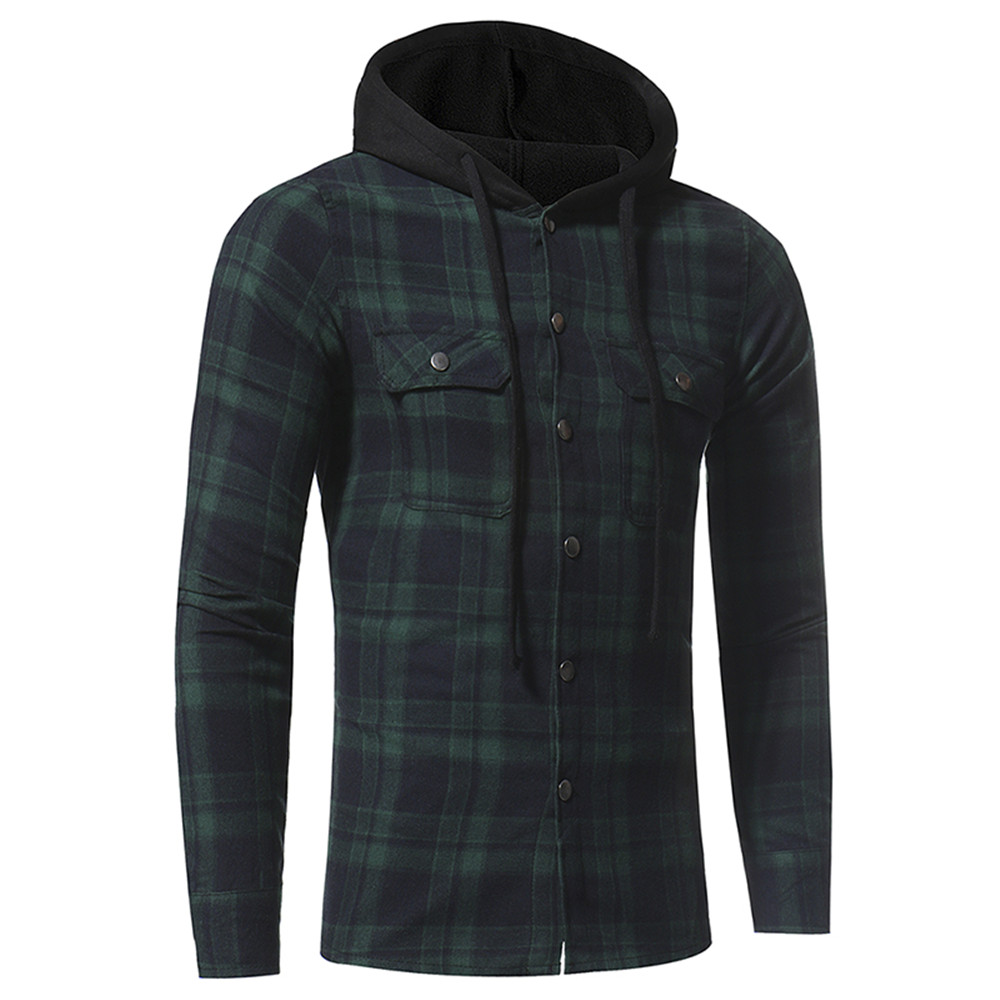 Large Lattice Double Pocket Hooded Casual Men's Plaid Long-Sleeved Shirt