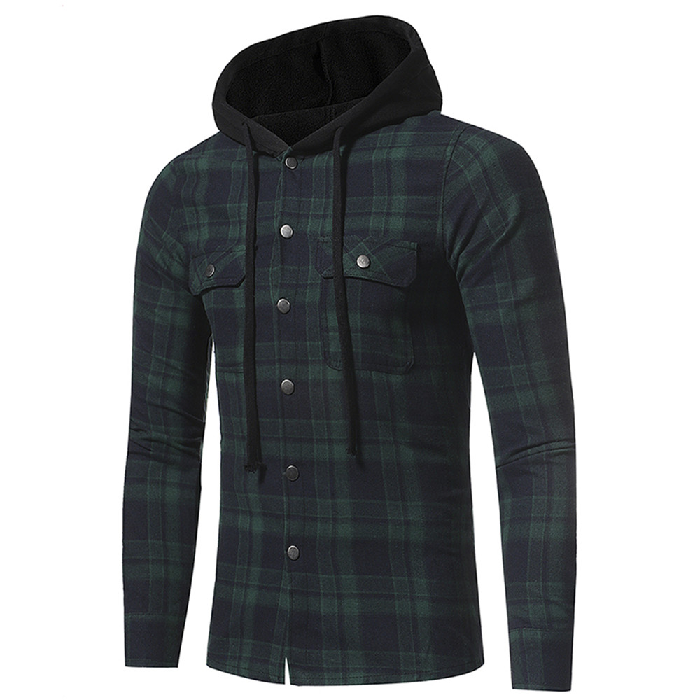 Large Lattice Double Pocket Hooded Casual Men's Plaid Long-Sleeved Shirt