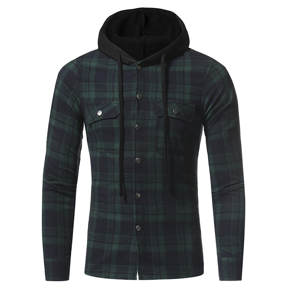 Large Lattice Double Pocket Hooded Casual Men's Plaid Long-Sleeved Shirt