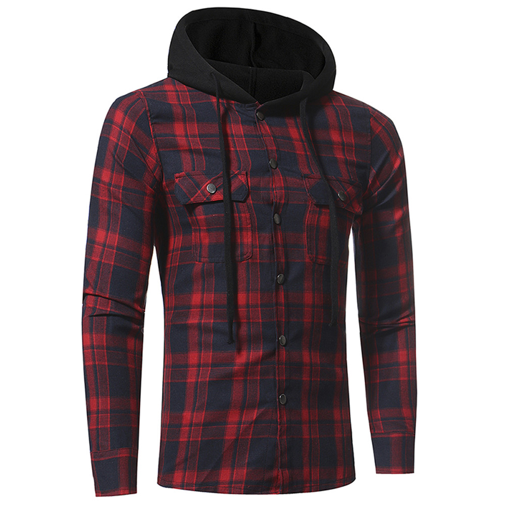 Large Lattice Double Pocket Hooded Casual Men's Plaid Long-Sleeved Shirt