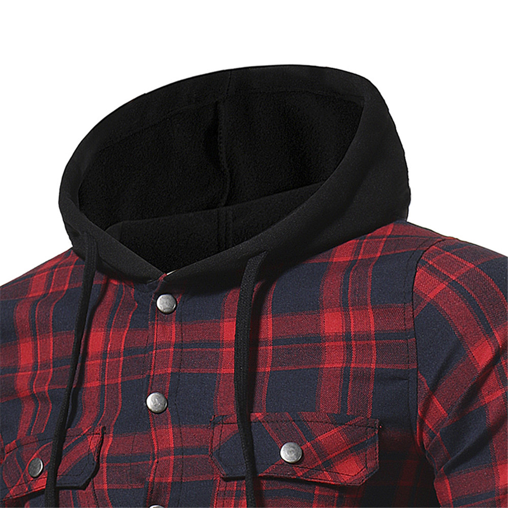 Large Lattice Double Pocket Hooded Casual Men's Plaid Long-Sleeved Shirt