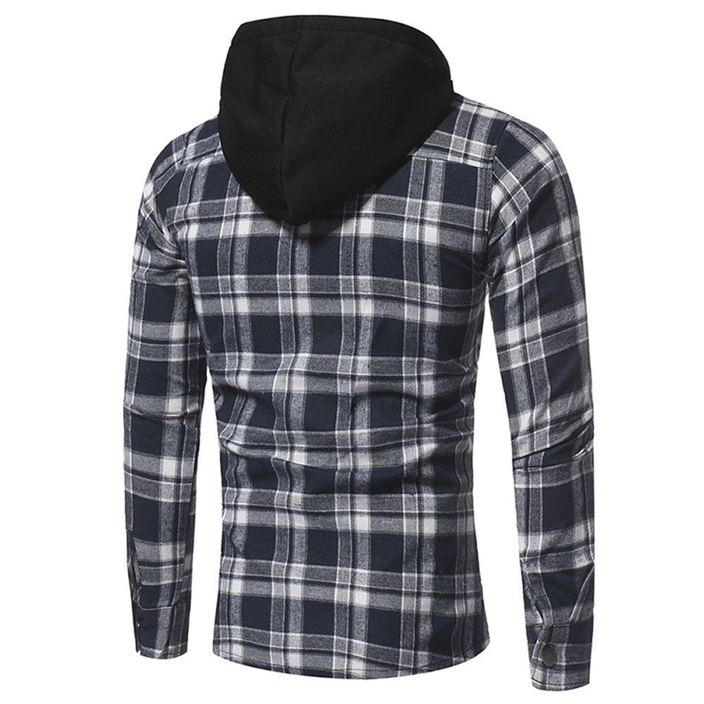 Large Lattice Double Pocket Hooded Casual Men's Plaid Long-Sleeved Shirt