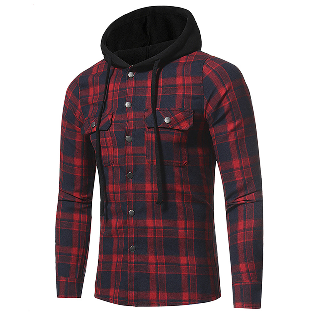 Large Lattice Double Pocket Hooded Casual Men's Plaid Long-Sleeved Shirt