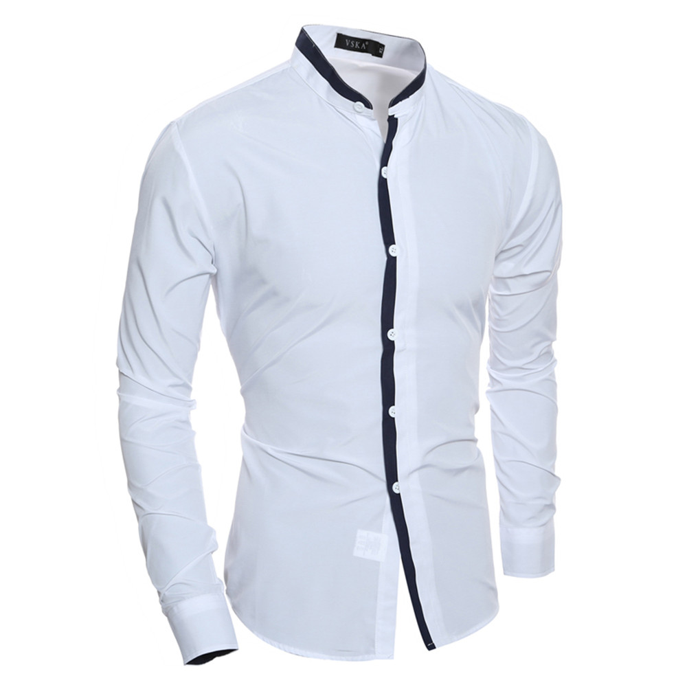 New Fashion Collar Color Matching Men's Casual Slim Long Sleeve Shirt ...