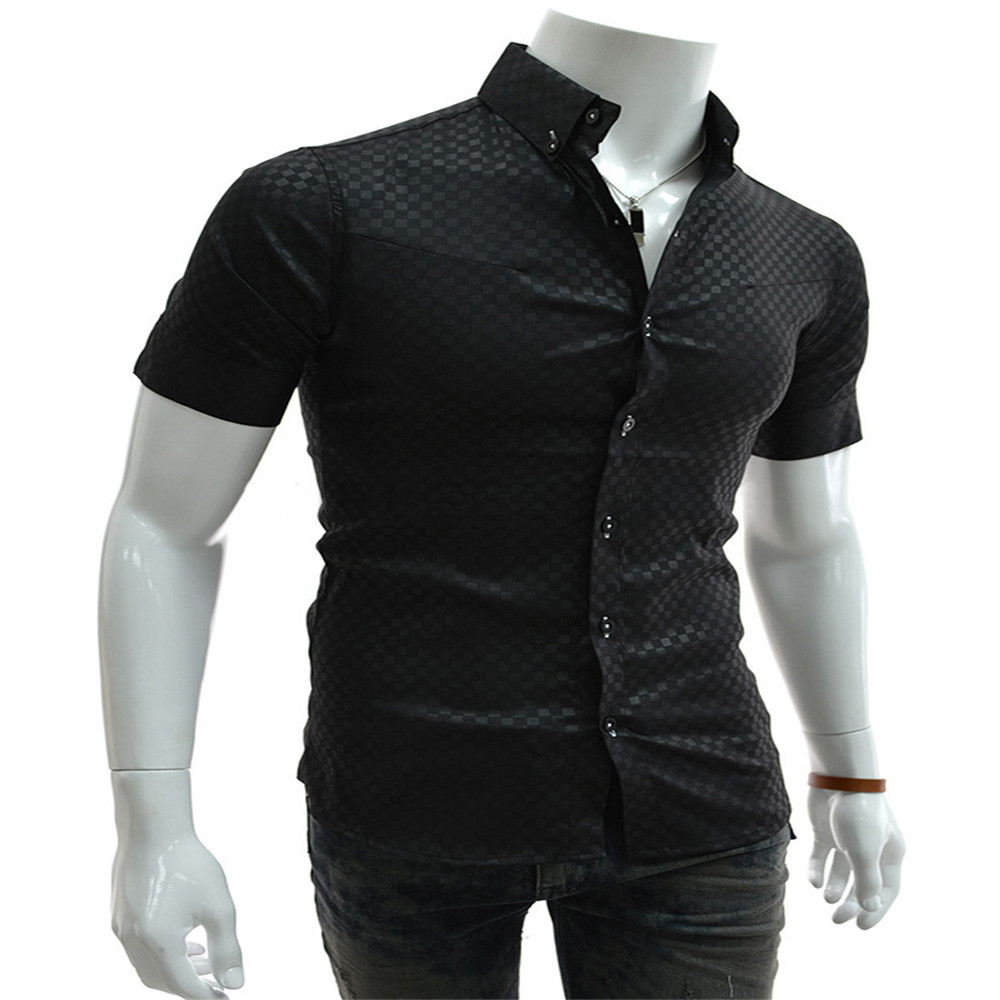 New Fashion Dark Plaid Men's Slim Short-Sleeve Shirt - White ...