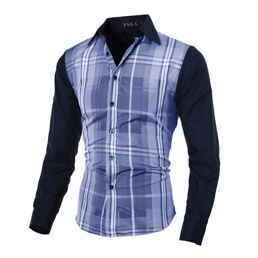 Contrast Color Stitching Men's Casual Casual Long-Sleeved Plaid Shirt