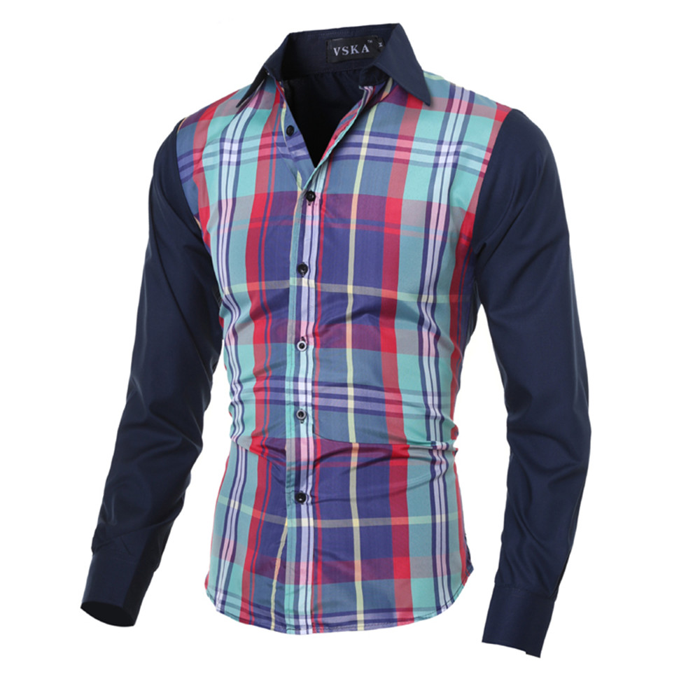 Contrast Color Stitching Men's Casual Casual Long-Sleeved Plaid Shirt