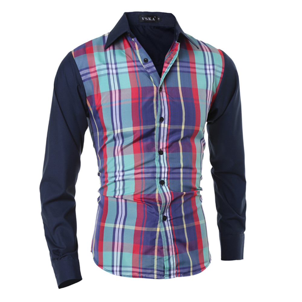 Contrast Color Stitching Men's Casual Casual Long-Sleeved Plaid Shirt