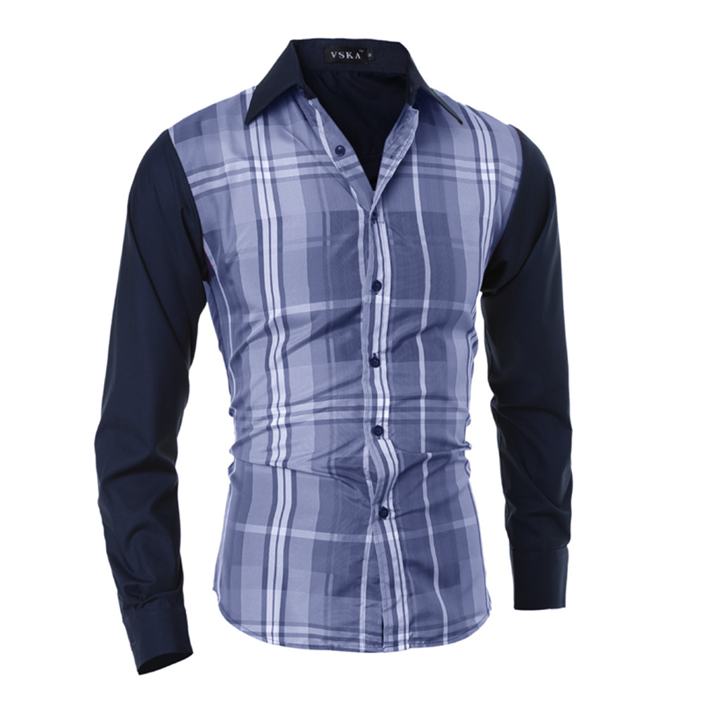 Contrast Color Stitching Men's Casual Casual Long-Sleeved Plaid Shirt