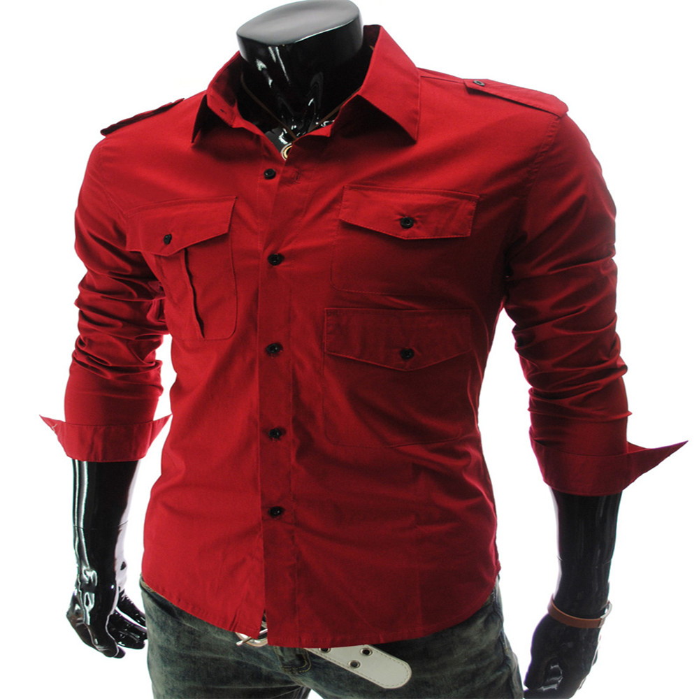 New Multi-Pocket Epaulettes Men's Luxury Slim Casual Long-Sleeved Shirt