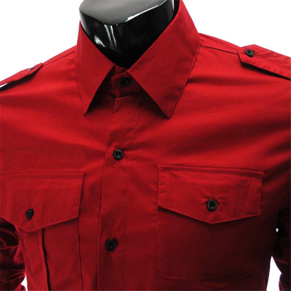 New Multi-Pocket Epaulettes Men's Luxury Slim Casual Long-Sleeved Shirt