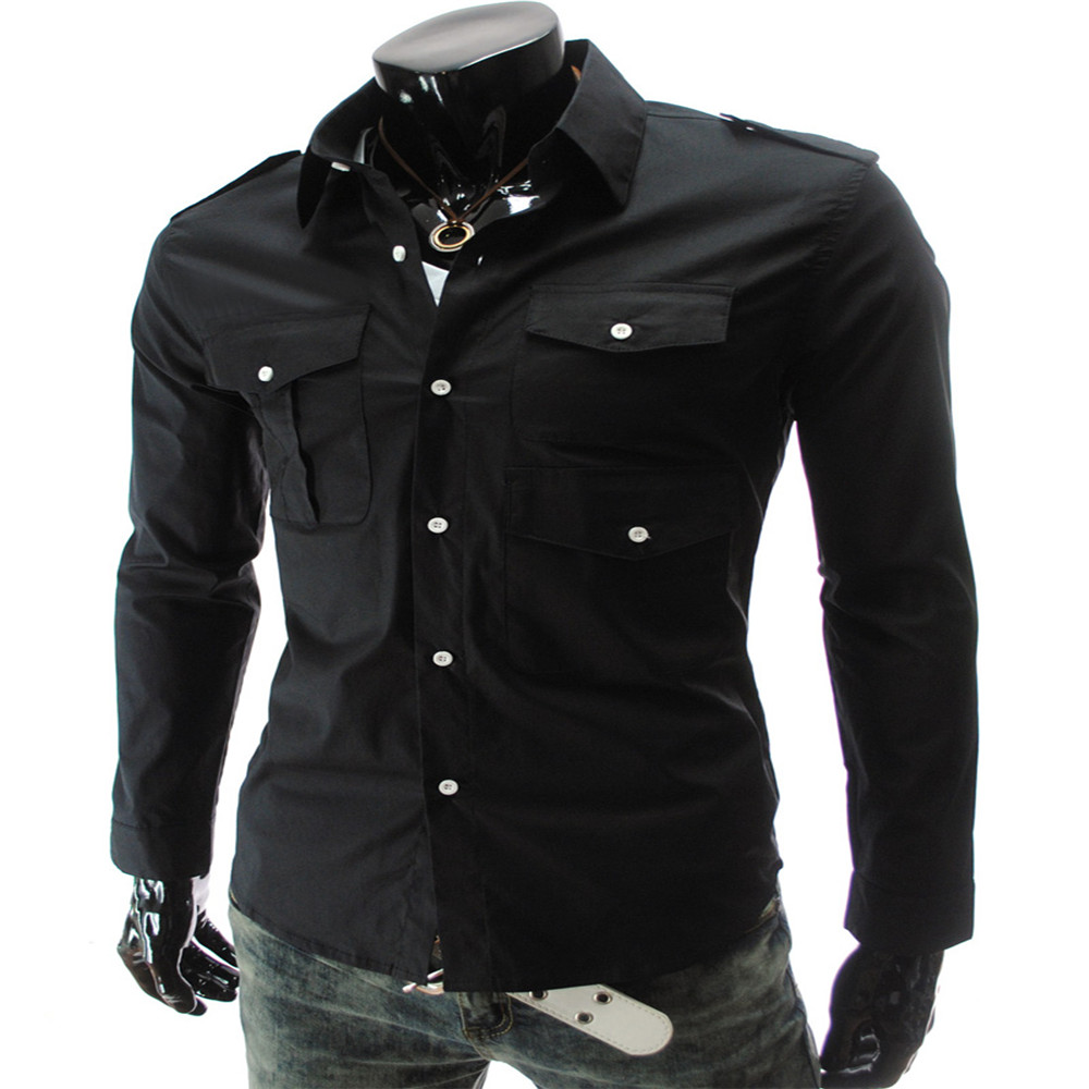 New Multi-Pocket Epaulettes Men's Luxury Slim Casual Long-Sleeved Shirt