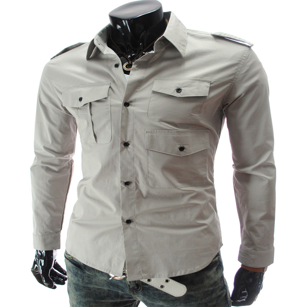 New Multi-Pocket Epaulettes Men's Luxury Slim Casual Long-Sleeved Shirt