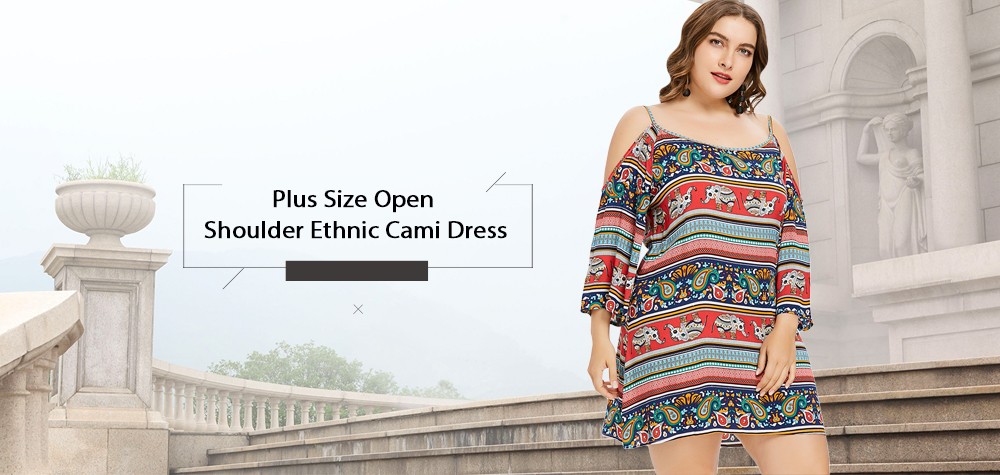 Plus Size Open Shoulder Ethnic Mini Dress