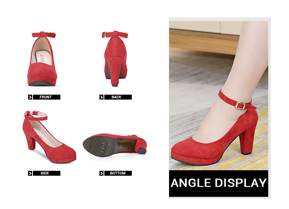 Chunky Heel Suede Round-toe Angle Strap Buckle Women Shoes