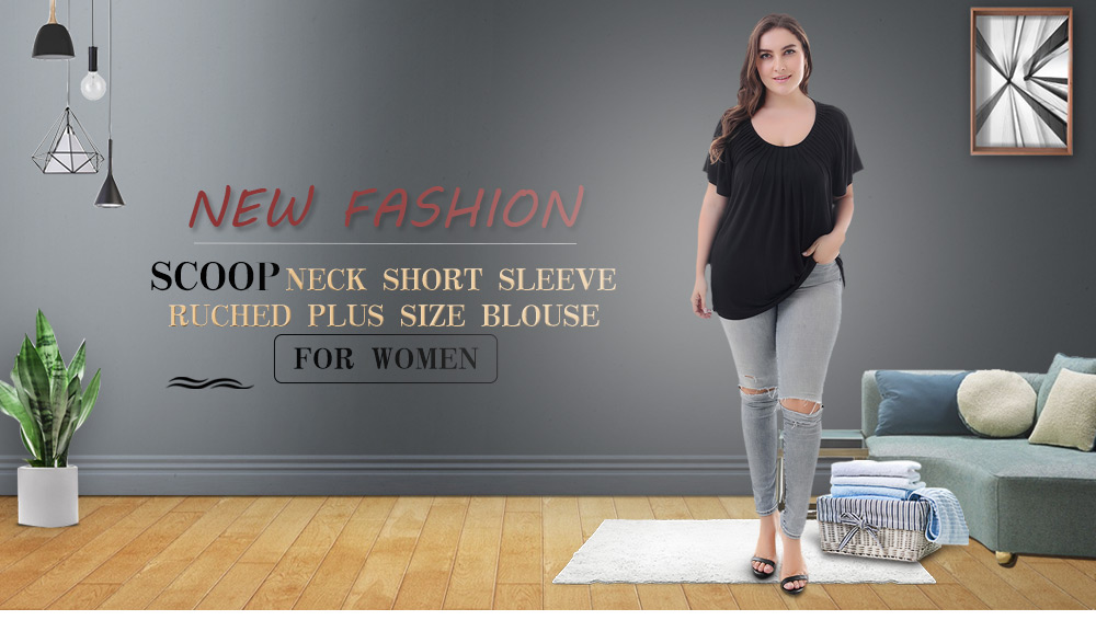 Scoop Neck Short Sleeve Ruched Solid Color Plus Size Women Blouse ...