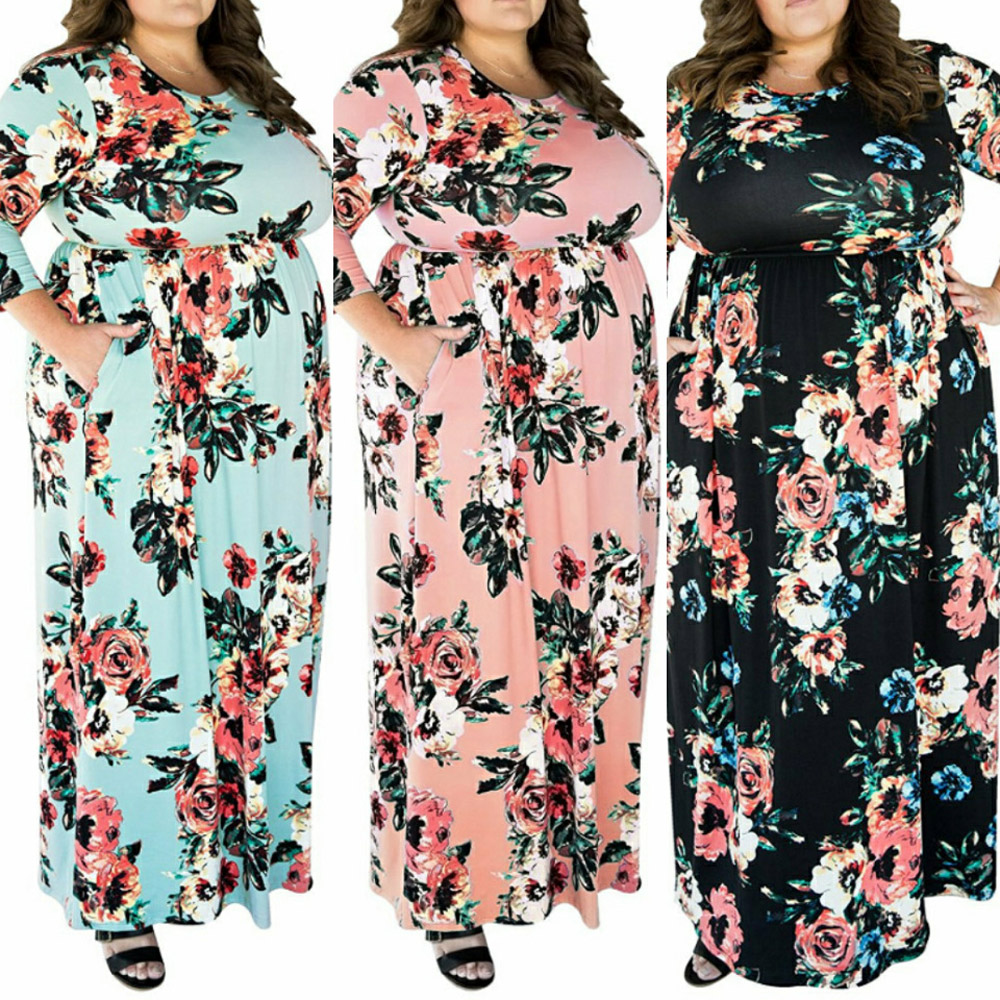 Plus Size Womens 3/4 Sleeve Floral Print Maxi Party Dresses with Pockets