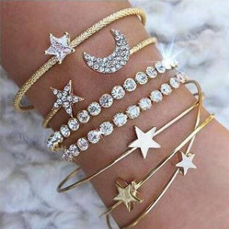 4pcs Braclet Set Stainless Steel Crystal Braclet Women Screw Hand Fashion Star Moon Love Wedding Cuff Bangle Bracelet