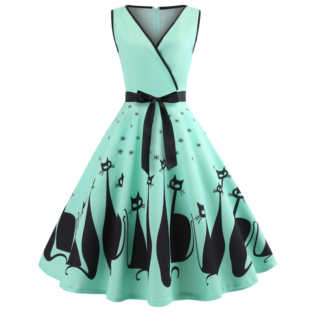 Hepburn Vintage Series Women Dress Spring And Summer V-Neck Halloween Cat Printing Design Sleeveless Belt Corset Retro Dress