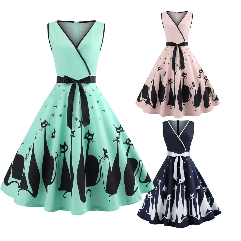 Hepburn Vintage Series Women Dress Spring And Summer V-Neck Halloween Cat Printing Design Sleeveless Belt Corset Retro Dress