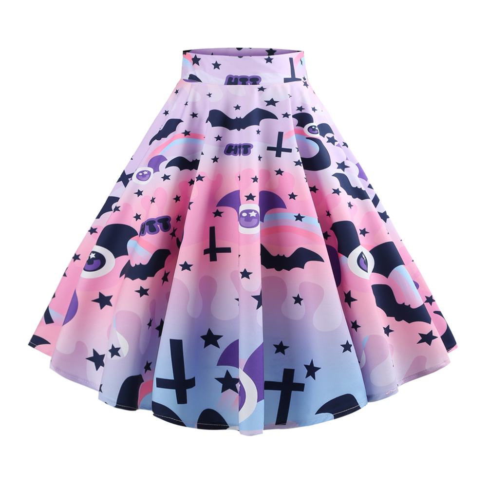 Hepburn Vintage Series Women Skirt Spring And Summer Halloween Ghost&Bat Printing Design Corset Retro Skirt