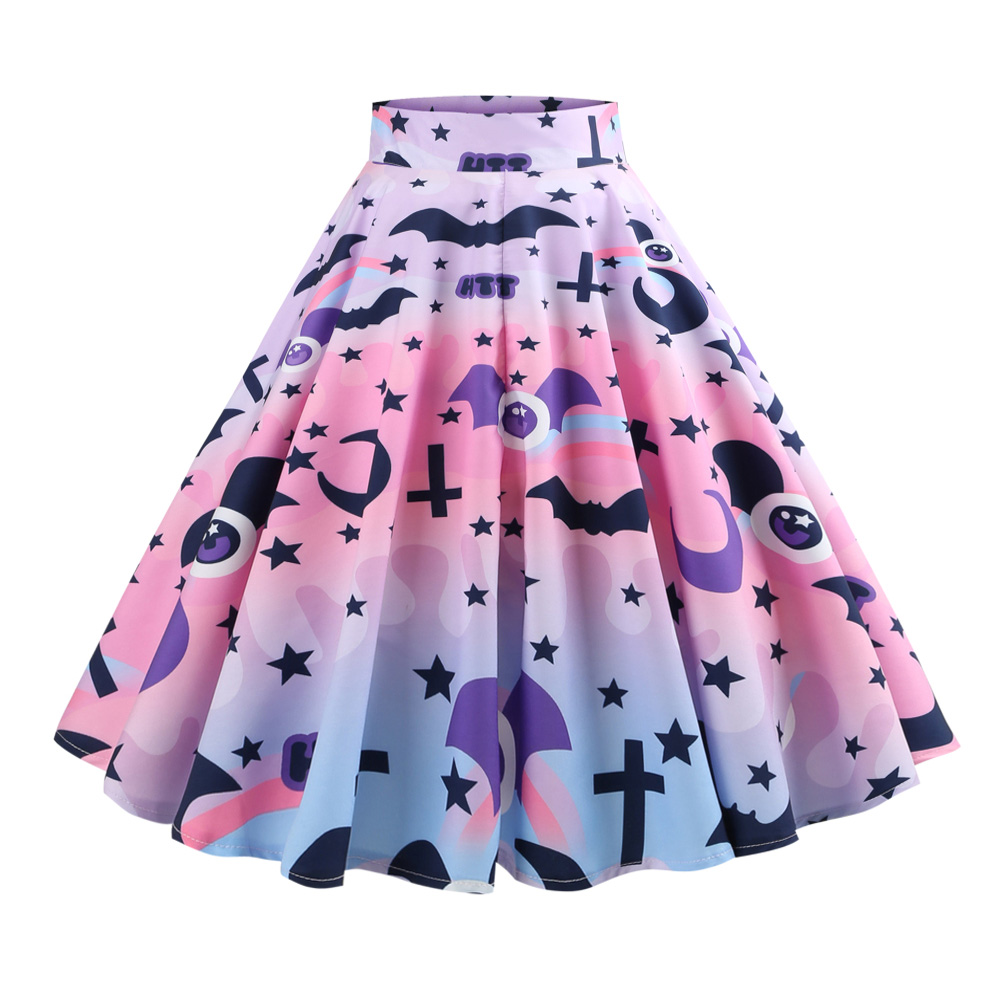 Hepburn Vintage Series Women Skirt Spring And Summer Halloween Ghost&Bat Printing Design Corset Retro Skirt