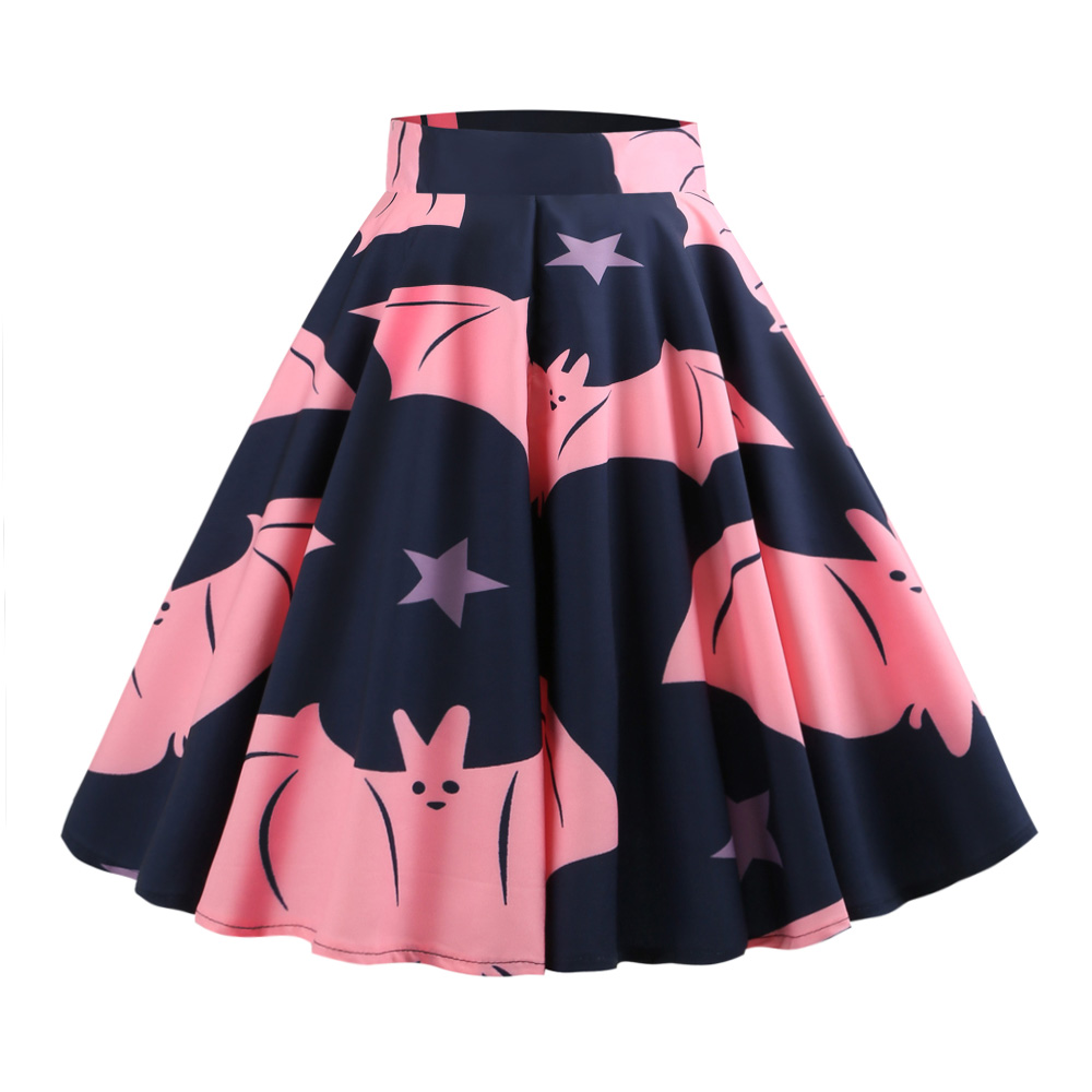 Hepburn Vintage Series Women Skirt Spring And Summer Halloween Ghost&Bat Printing Design Corset Retro Skirt