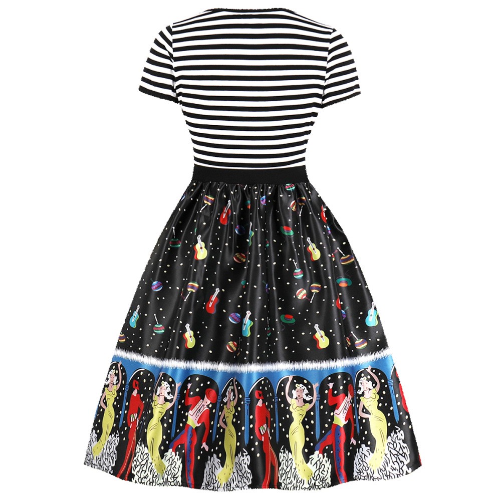 Hepburn Vintage Series Women Dress Spring And Winter Round Neck Cat&fish&Christmas Printing Stitching Design Short Sleeve Corset Retro Dress