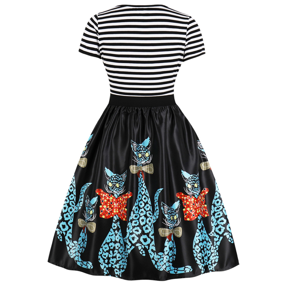 Hepburn Vintage Series Women Dress Spring And Winter Round Neck Cat&fish&Christmas Printing Stitching Design Short Sleeve Corset Retro Dress