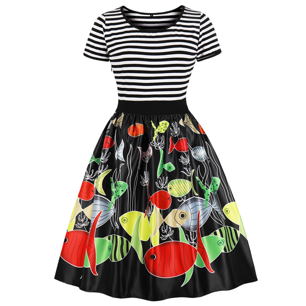 Hepburn Vintage Series Women Dress Spring And Winter Round Neck Cat&fish&Christmas Printing Stitching Design Short Sleeve Corset Retro Dress