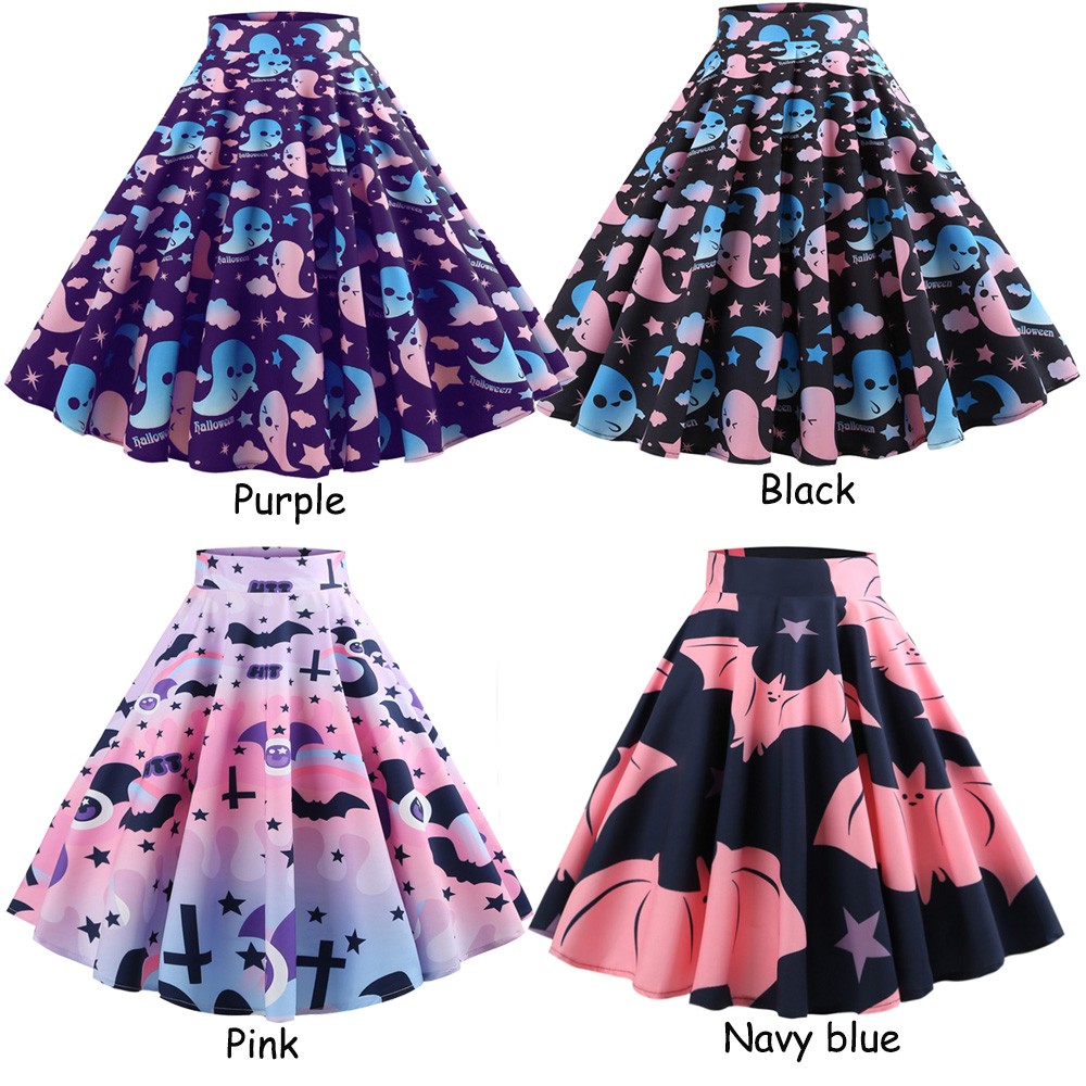 Hepburn Vintage Series Women Skirt Spring And Summer Halloween Ghost&Bat Printing Design Corset Retro Skirt