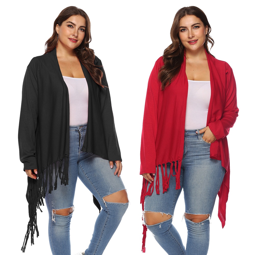 Plus size irregular tassel one button cardigan long coat two wear