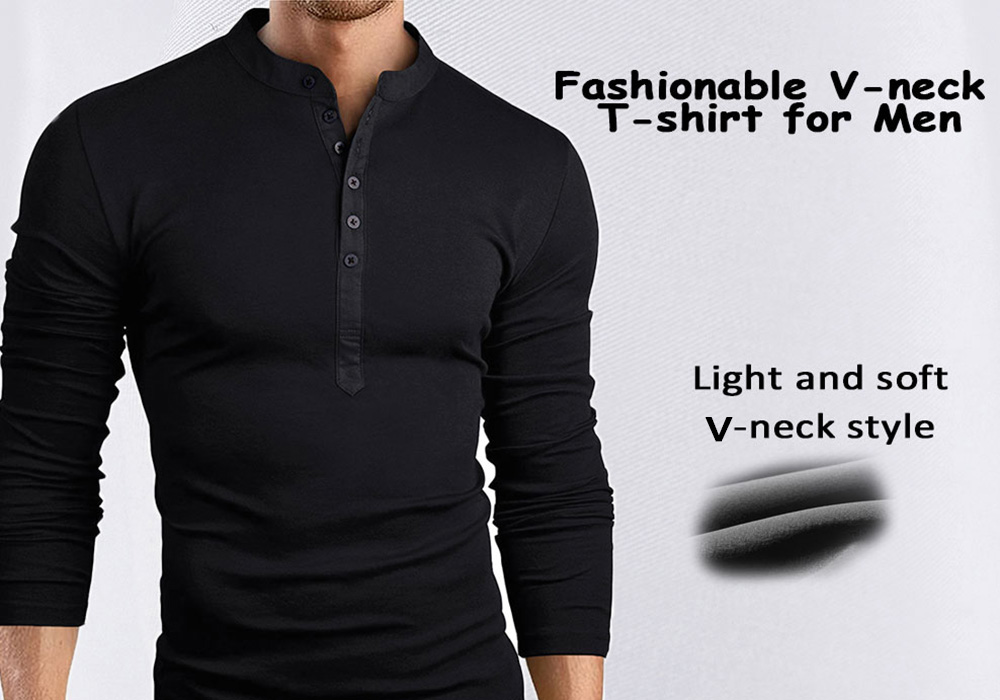 Solid Color Fashionable V-neck Men T-shirt with Long Sleeve