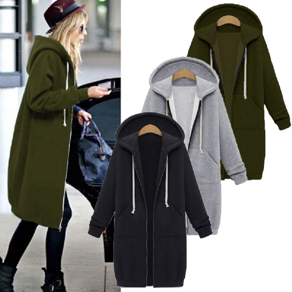 Plus Size Winter Womens Zip Up Open Hooded Hoodies Ladies Long Sleeve Coat Tops Jacket S-5XL Plus Size