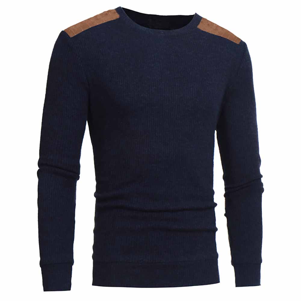 Men's Fashion Suede Patch Design Round Neck Casual Slim Knit Sweater