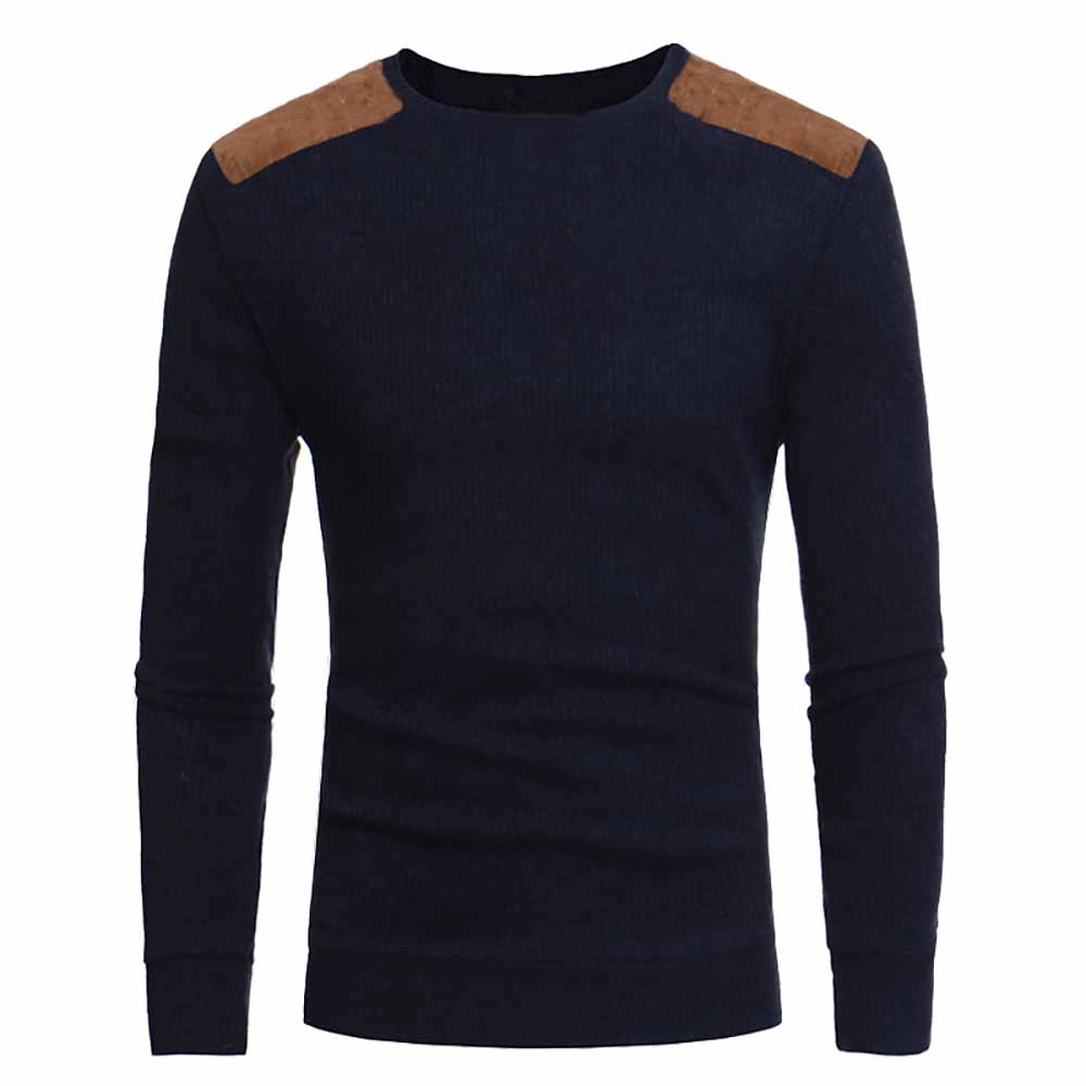 Men's Fashion Suede Patch Design Round Neck Casual Slim Knit Sweater