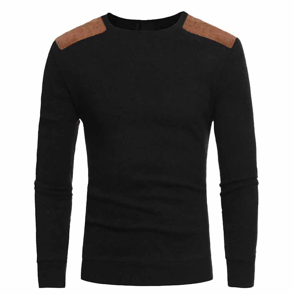 Men's Fashion Suede Patch Design Round Neck Casual Slim Knit Sweater