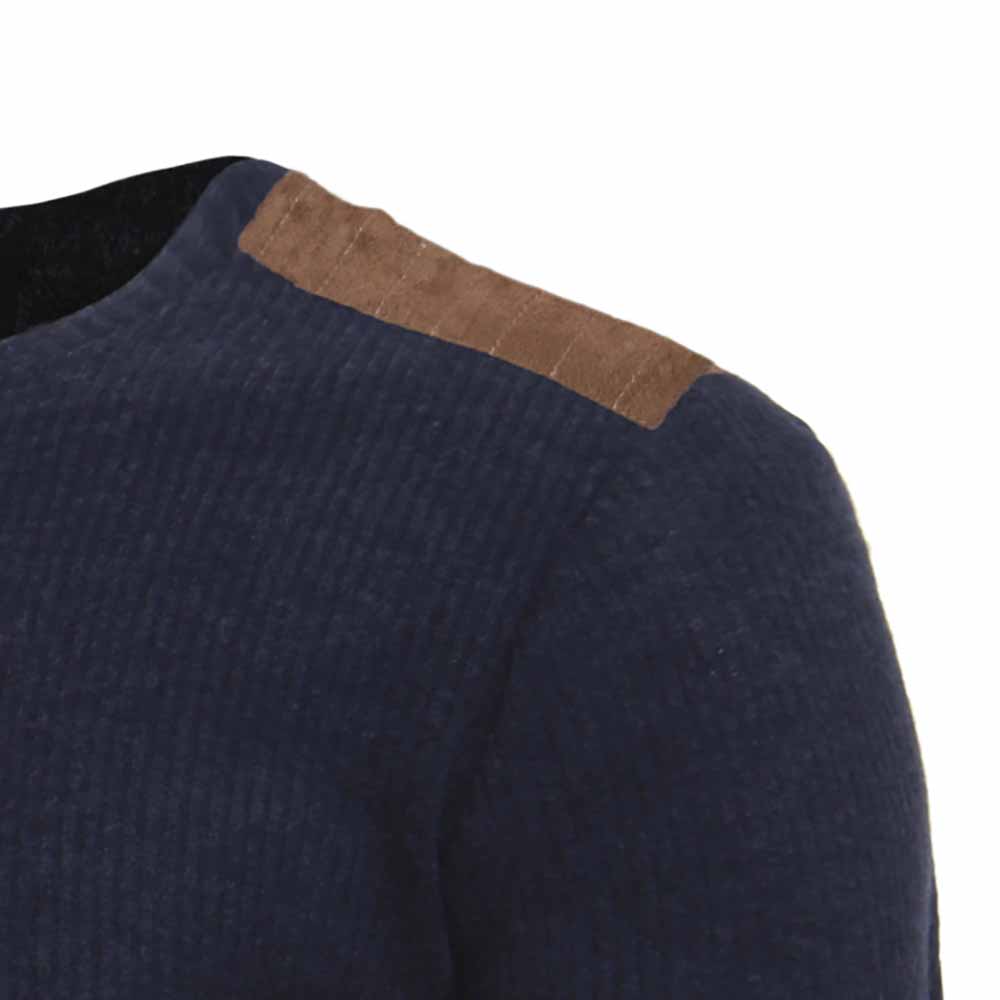 Men's Fashion Suede Patch Design Round Neck Casual Slim Knit Sweater