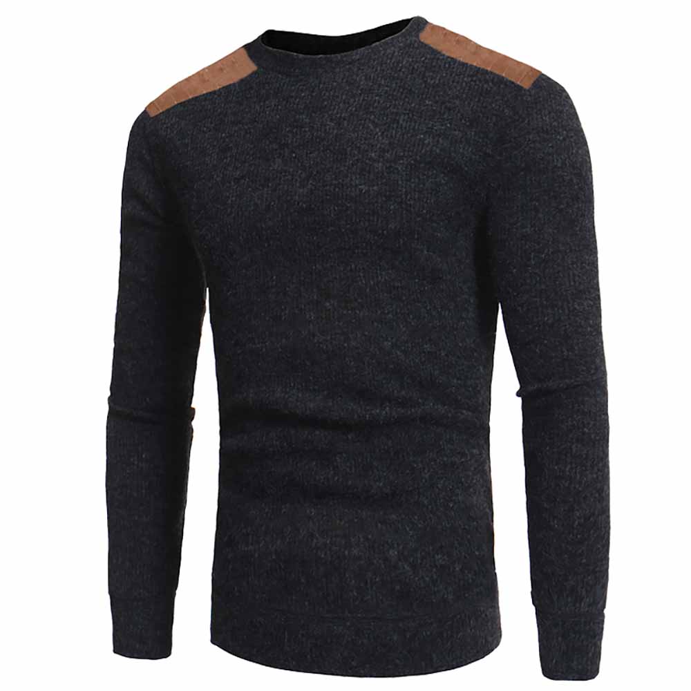 Men's Fashion Suede Patch Design Round Neck Casual Slim Knit Sweater