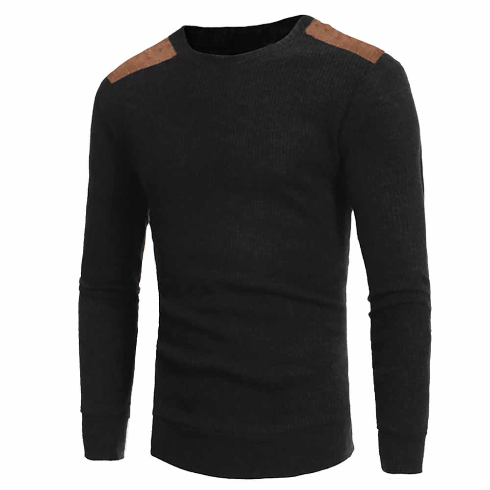 Men's Fashion Suede Patch Design Round Neck Casual Slim Knit Sweater