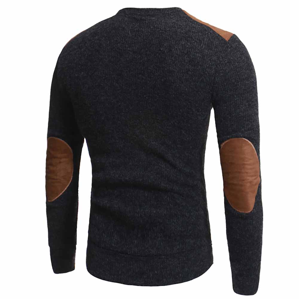 Men's Fashion Suede Patch Design Round Neck Casual Slim Knit Sweater